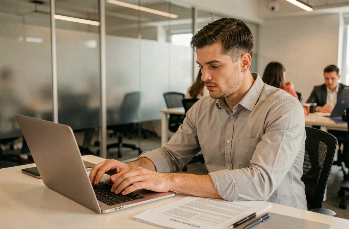 Candidat préparant sa lettre de motivation pour travailler en établissement pour personnes âgées sur ordinateur portable