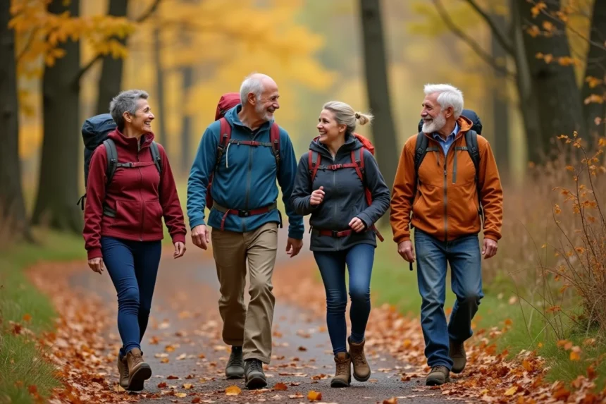 Groupe de seniors célibataires en randonnée en forêt à l'automne, marchant et discutant sur un sentier couvert de feuilles dorées