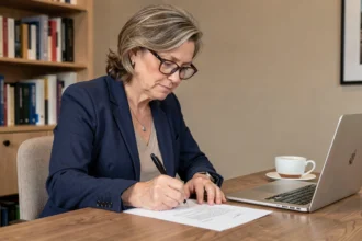 Femme rédigeant une lettre de motivation pour un poste en maison de retraite à son bureau à domicile