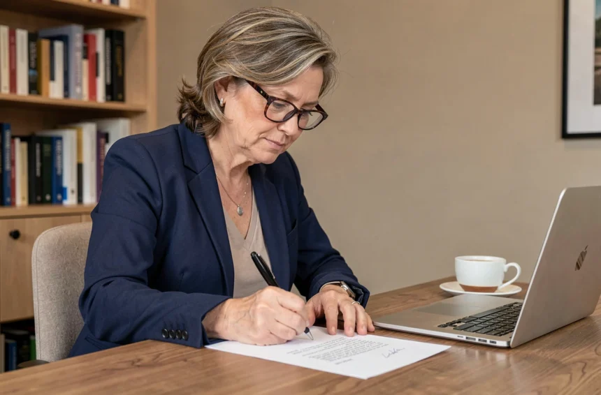 Femme rédigeant une lettre de motivation pour un poste en maison de retraite à son bureau à domicile