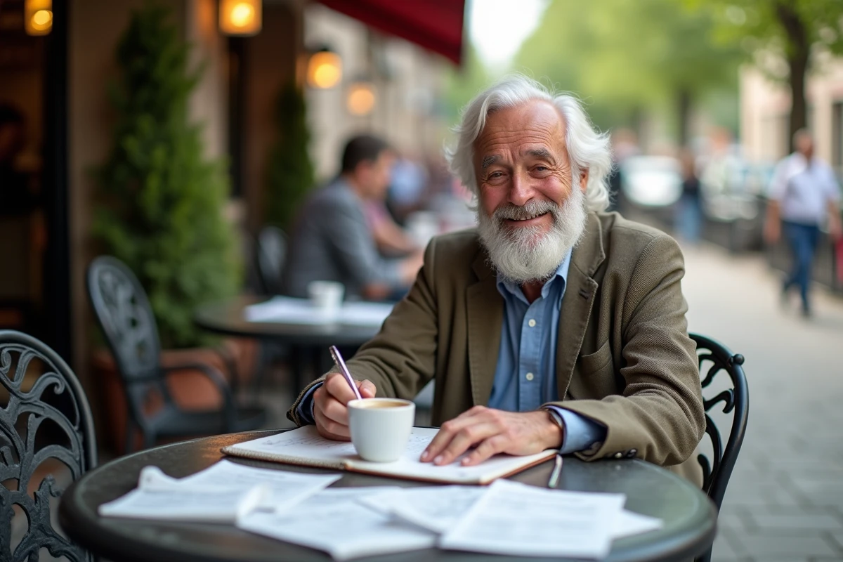 Homme âgé souriant écrivant un discours de retraite humoristique sur un carnet dans un café en terrasse
