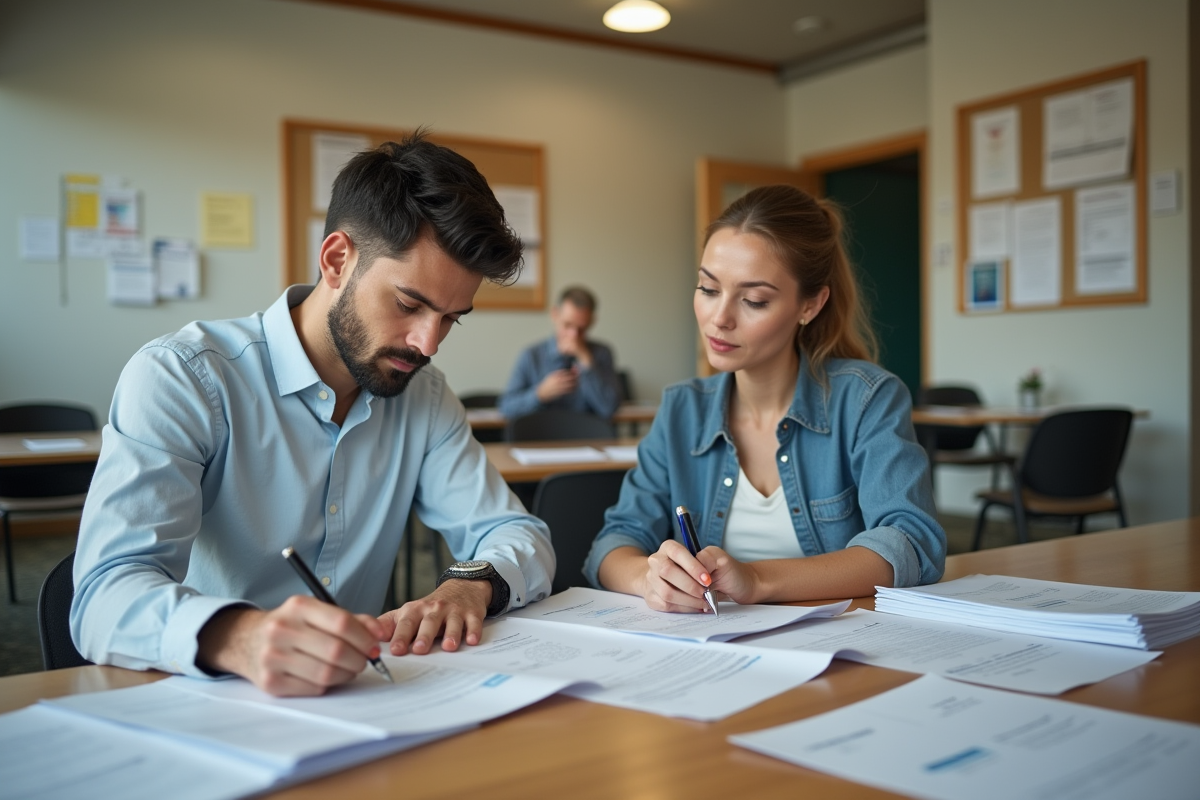 Jeune homme remplissant des papiers avec une assistante sociale