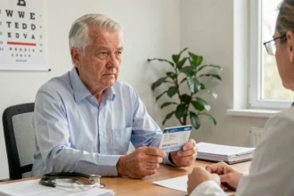 Un homme de plus de 70 ans tenant son permis de conduire lors d'un entretien médical pour le renouvellement du permis après 70 ans