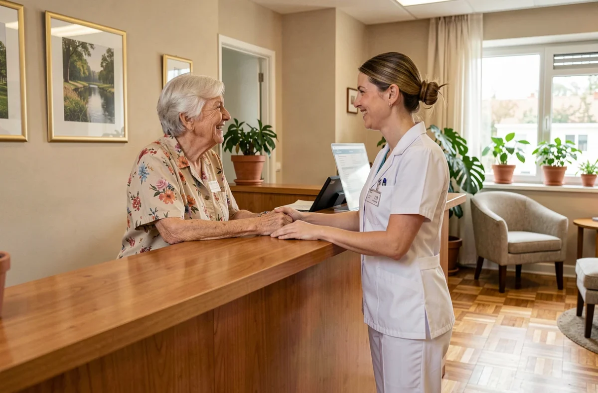 Accueil chaleureux à la Résidence Docteur Hallot, une résidente âgée accueillie par une soignante en tenue blanche au bureau de réception
