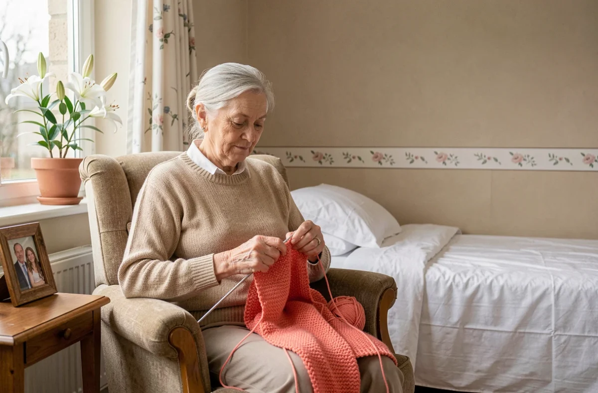 Résidente de la Résidence Les Lys dans sa chambre personnalisée, tricotant près d'une fenêtre avec un lys en pot sur le rebord