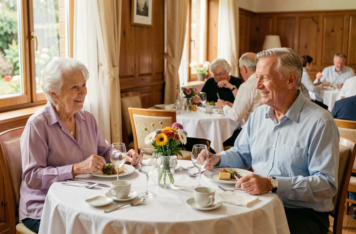 Salle à manger de la Résidence Saint-Régis lors du déjeuner, deux résidents partageant un repas dans un cadre élégant avec nappes en lin