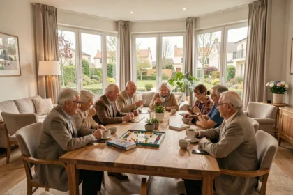Groupe de résidents seniors profitant d'un espace commun chaleureux dans une résidence senior des Hauts-de-Seine