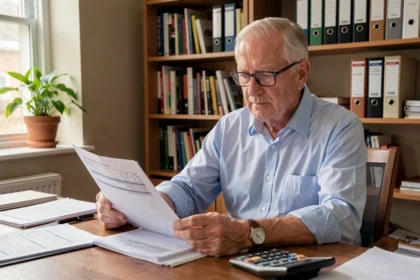Retraité senior consultant des documents fiscaux à son bureau à domicile pour comprendre l'abattement fiscal en cas de reprise d'activité