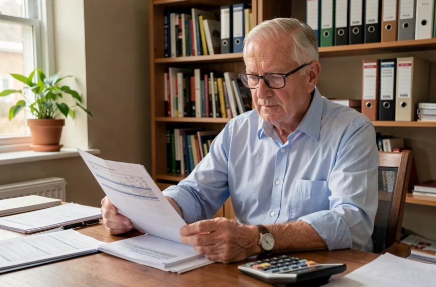 Retraité senior consultant des documents fiscaux à son bureau à domicile pour comprendre l'abattement fiscal en cas de reprise d'activité