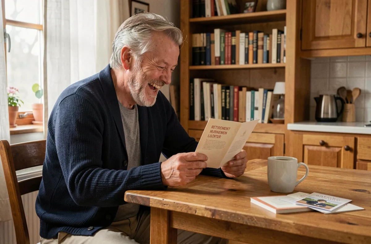 Homme retraité lisant une carte d'humour retraite en souriant dans sa cuisine confortable