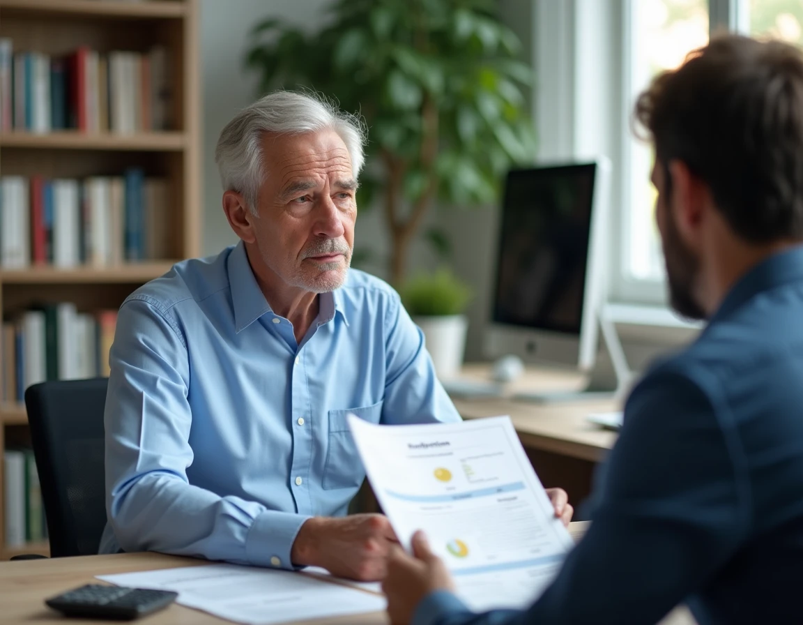 Retraité consultant un conseiller financier pour optimiser sa retraite complémentaire
