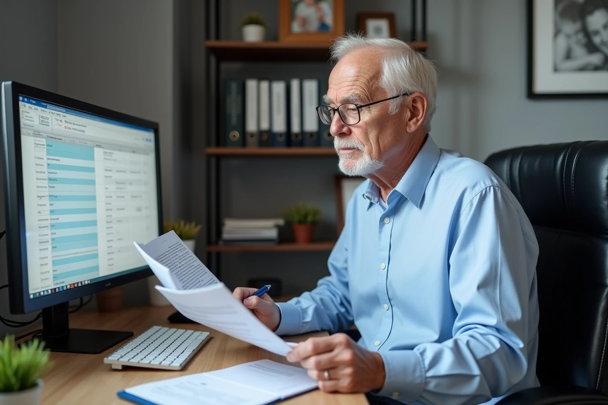 Retraité consultant ses avantages CCUES SG sur ordinateur dans un bureau à domicile