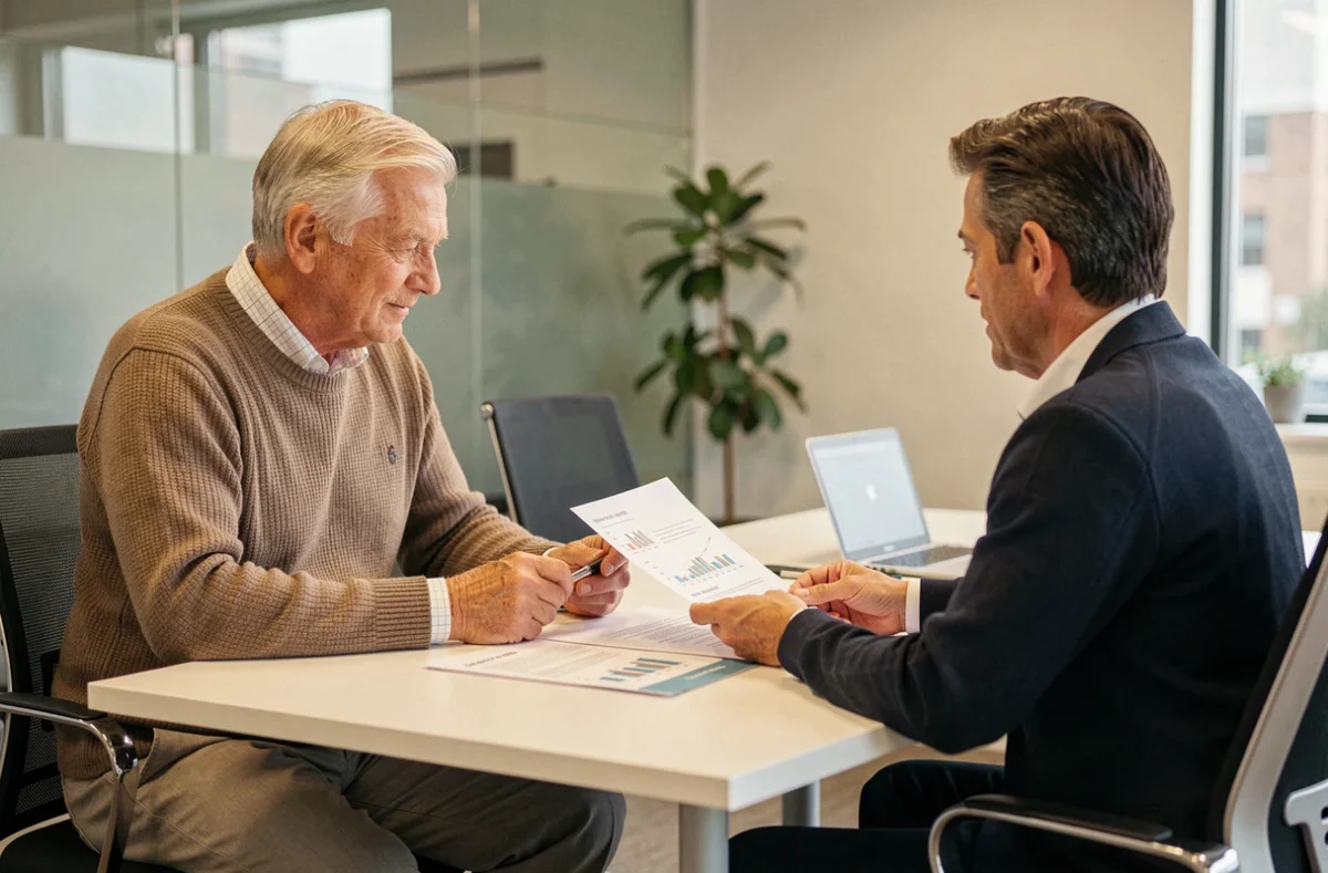 Senior retraité en consultation avec un conseiller financier pour discuter des implications fiscales de la reprise d'activité et de l'abattement applicable