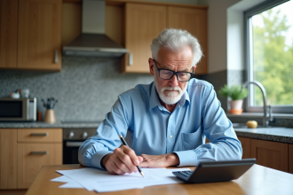 Homme retraité en train de vérifier ses papiers de pension