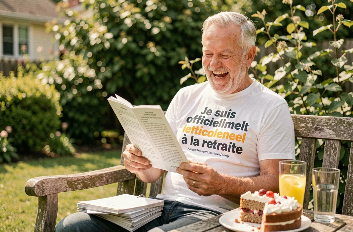 Homme retraité lisant des discours humoristiques de retraite en riant dans son jardin