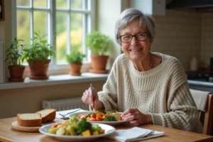 Femme agee souriante prepare un repas sain en cuisine