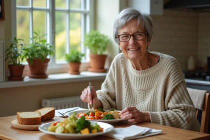 Femme agee souriante prepare un repas sain en cuisine
