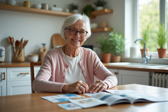 Femme retraitée souriante avec brochures voyage et cartes de réduction
