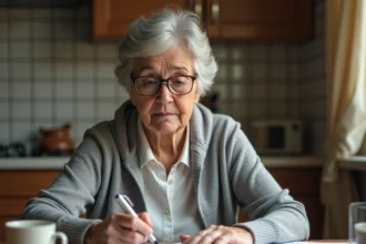 Femme retraitée vérifiant ses documents de retraite complémentaire à sa table de cuisine