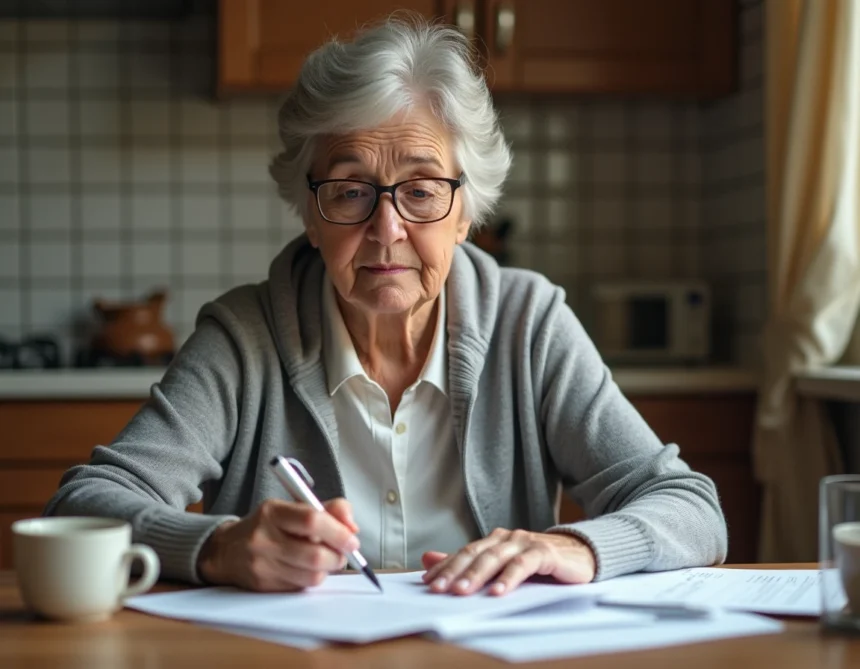 Femme retraitée vérifiant ses documents de retraite complémentaire à sa table de cuisine
