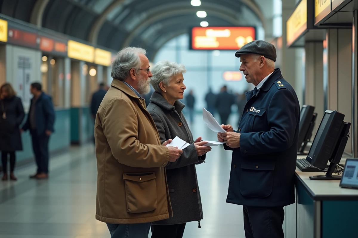 Couple de retraités SNCF obtenant de l'aide au guichet d'une gare