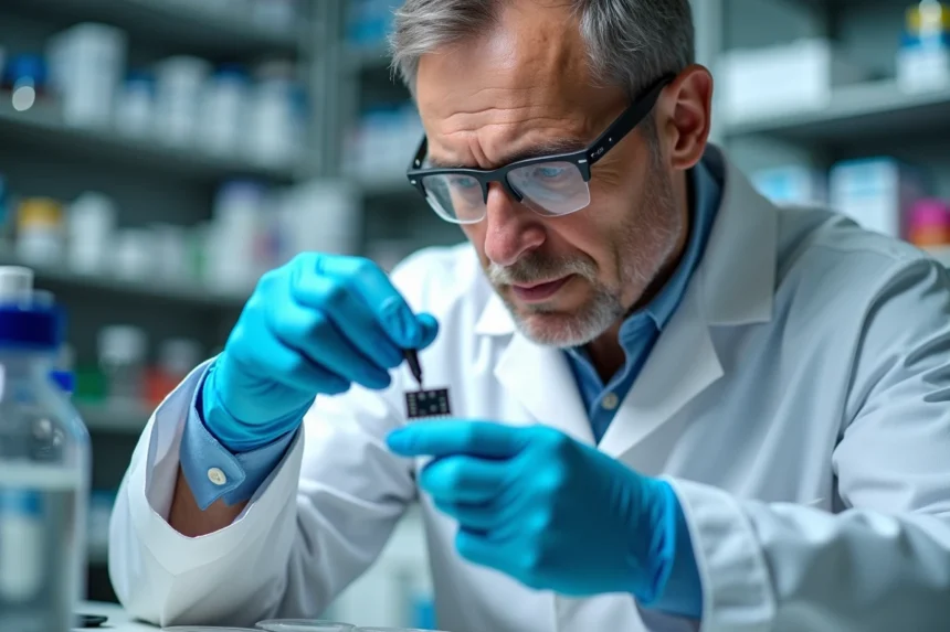 Scientifique examinant une micropuce GPS en laboratoire médical avec des pinces de précision