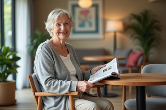 Femme senior souriante lisant un magazine dans un salon chaleureux