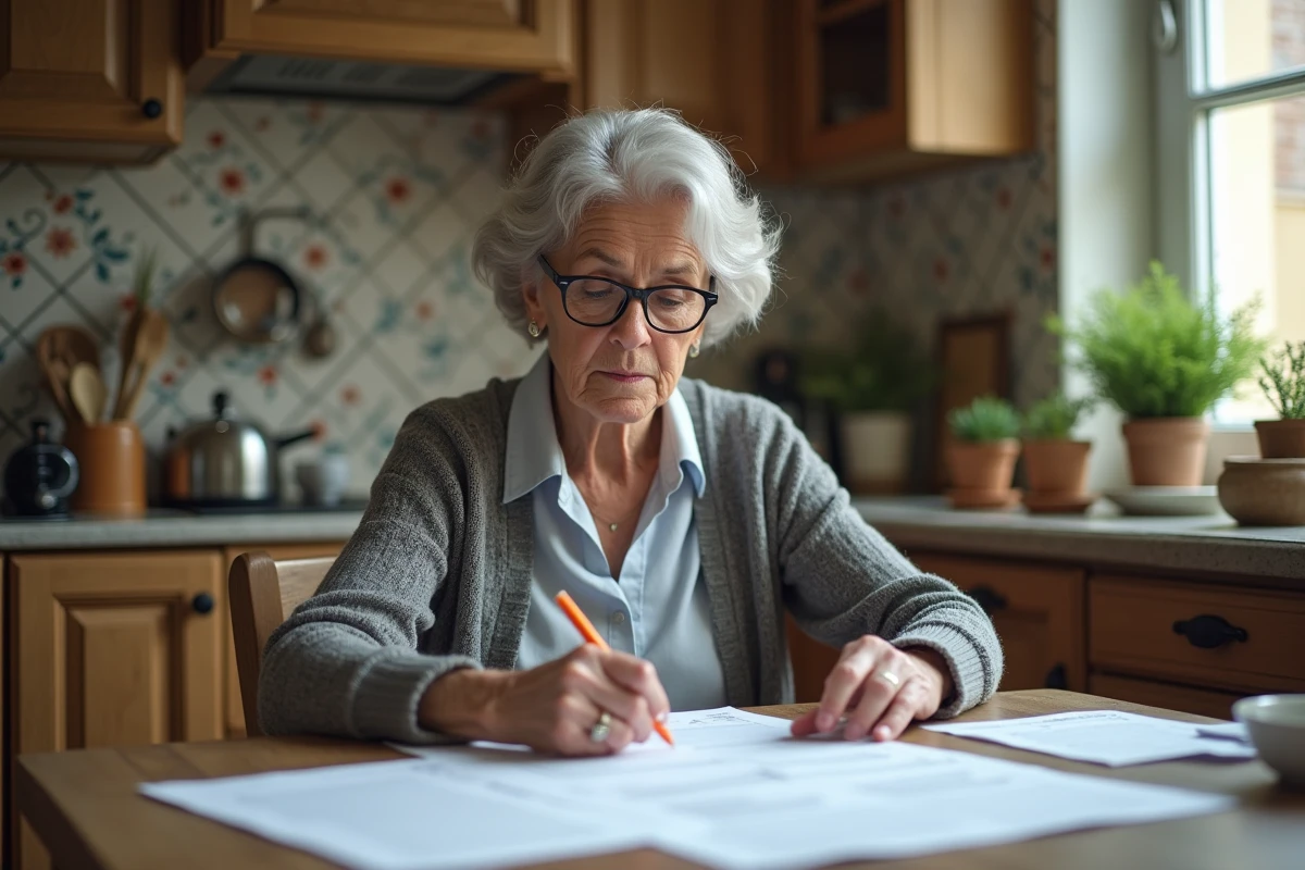 Femme senior examine documents dans sa cuisine chaleureuse