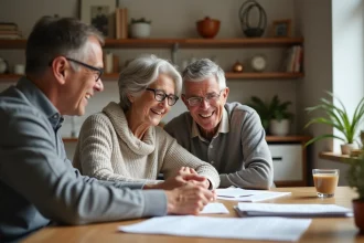 Femme senior souriante avec couple en réunion familiale