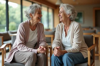 Femme âgée souriante dans un EHPAD à Nîmes