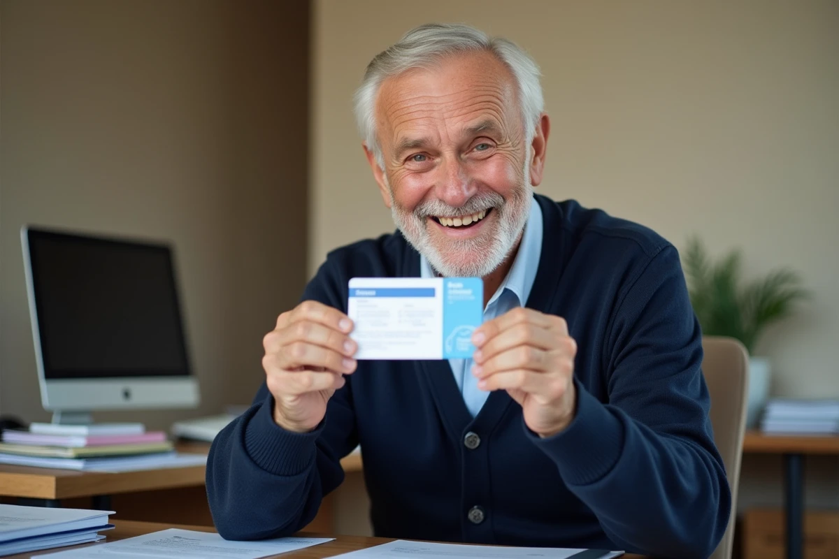 Homme senior souriant tenant sa carte de retraite française