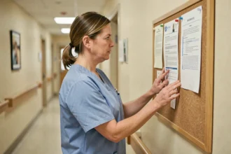 Soignante affichant la charte de la personne âgée sur un panneau d'affichage dans un couloir d'établissement médico-social