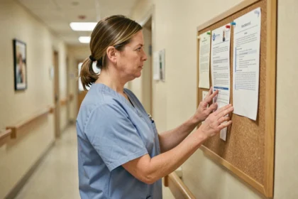 Soignante affichant la charte de la personne âgée sur un panneau d'affichage dans un couloir d'établissement médico-social