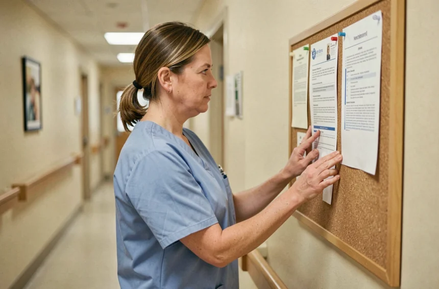 Soignante affichant la charte de la personne âgée sur un panneau d'affichage dans un couloir d'établissement médico-social