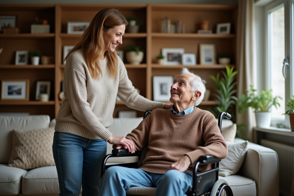 Femme aidant un homme age en fauteuil dans un salon chaleureux