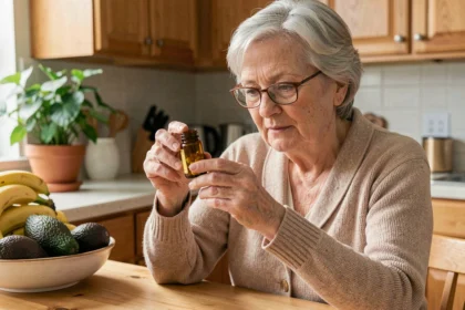 Femme âgée examinant un flacon de suppléments de potassium dans sa cuisine avec des fruits riches en potassium en arrière-plan