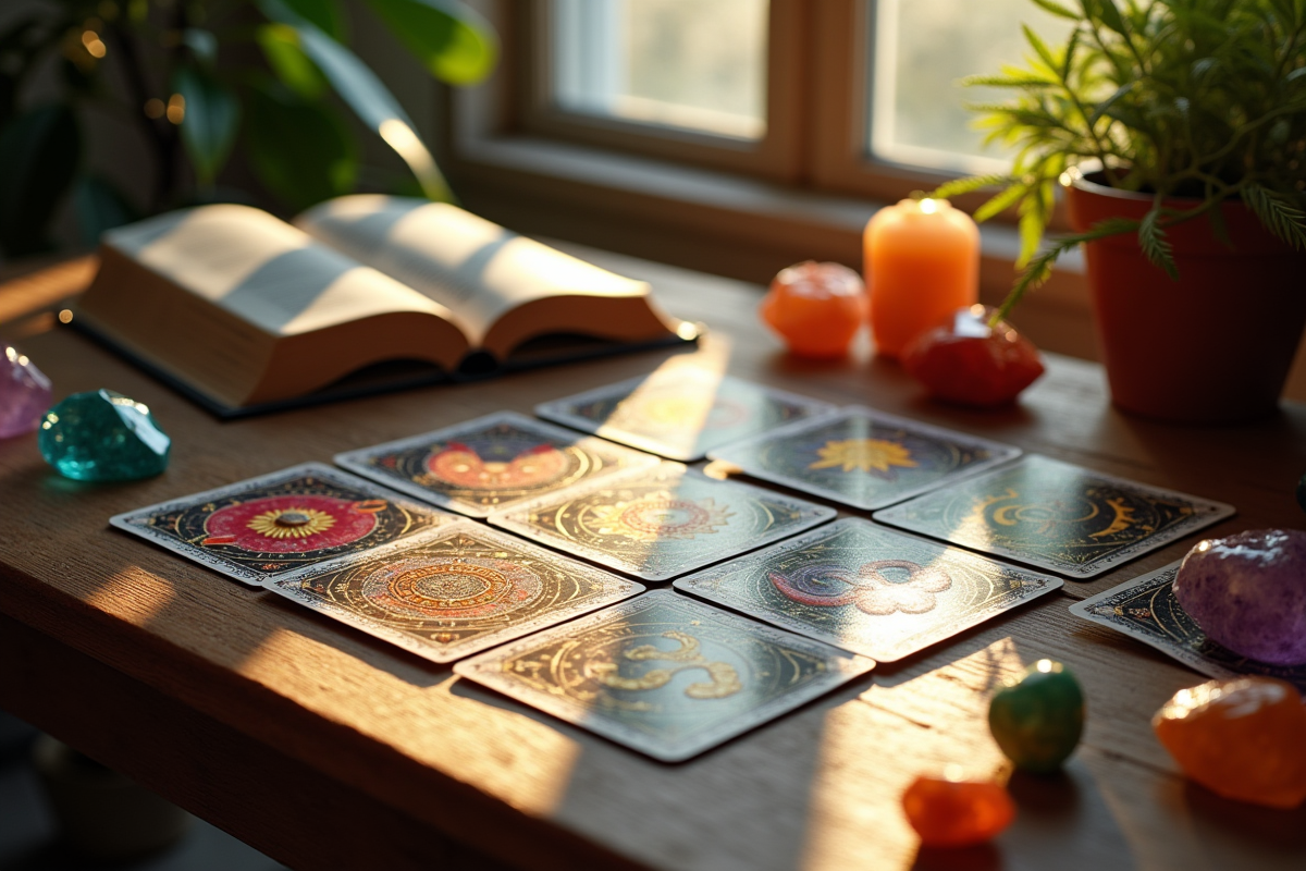 Table zodiaque avec cartes tarot cristaux et livre d