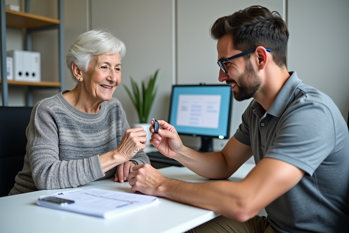 Technicien expliquant un appareil auditif à une senior