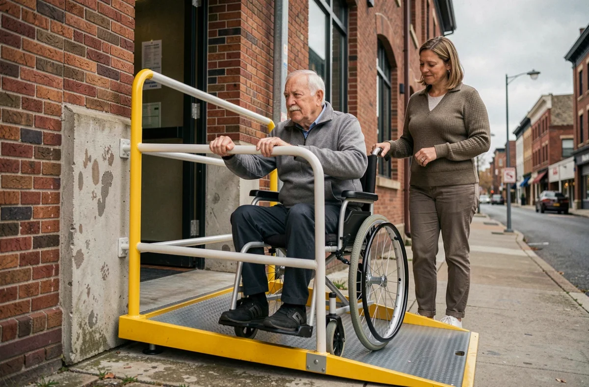 Senior en fauteuil roulant testant un élévateur PMR reconditionné sur une rampe extérieure d'un bâtiment commercial
