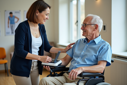 Thérapeute aidant un senior en fauteuil roulant