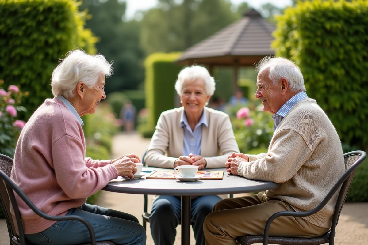 Résidents d'une résidence senior profitant d'un moment convivial dans le jardin intérieur, illustrant la vie sociale et le bien-être au sein des jardins d'arcadie