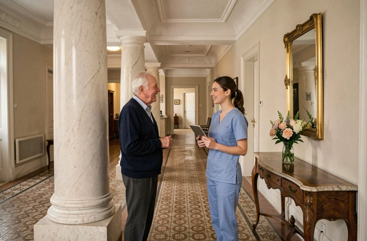 Hall d'entrée élégant de la Villa Épinomis avec un résident et un membre du personnel discutant près d'une colonne en marbre