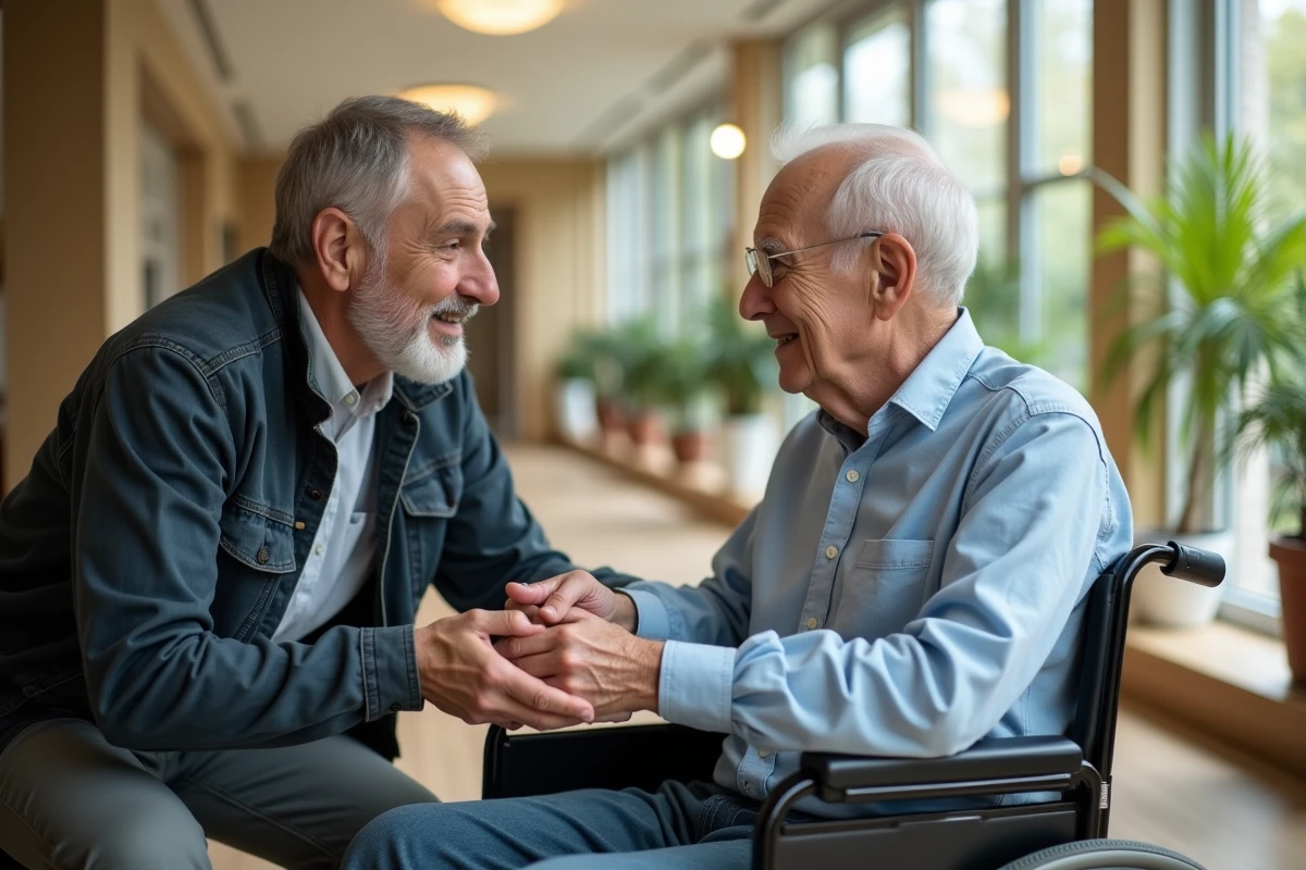 Un fils rend visite à son père âgé en fauteuil roulant dans le couloir d'un EHPAD, illustrant le suivi familial lors d'un placement en maison de retraite