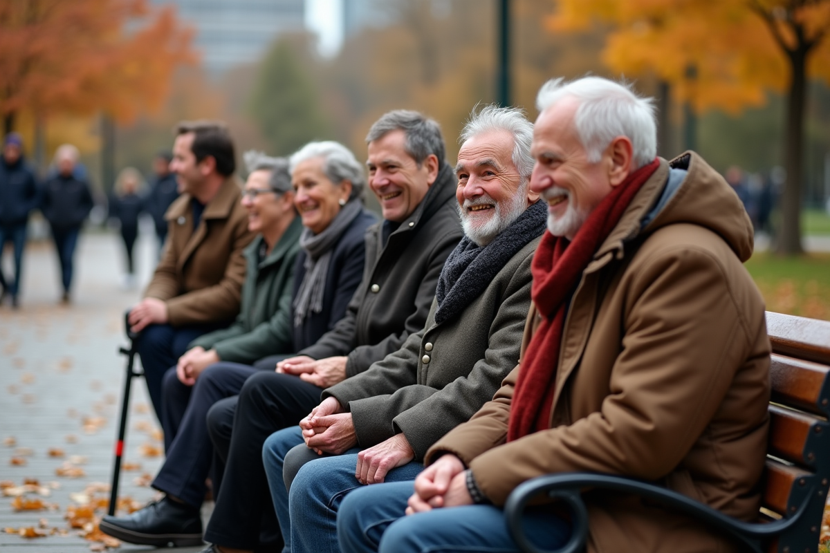 Groupes de bénévoles et personnes âgées sur un banc dans un parc